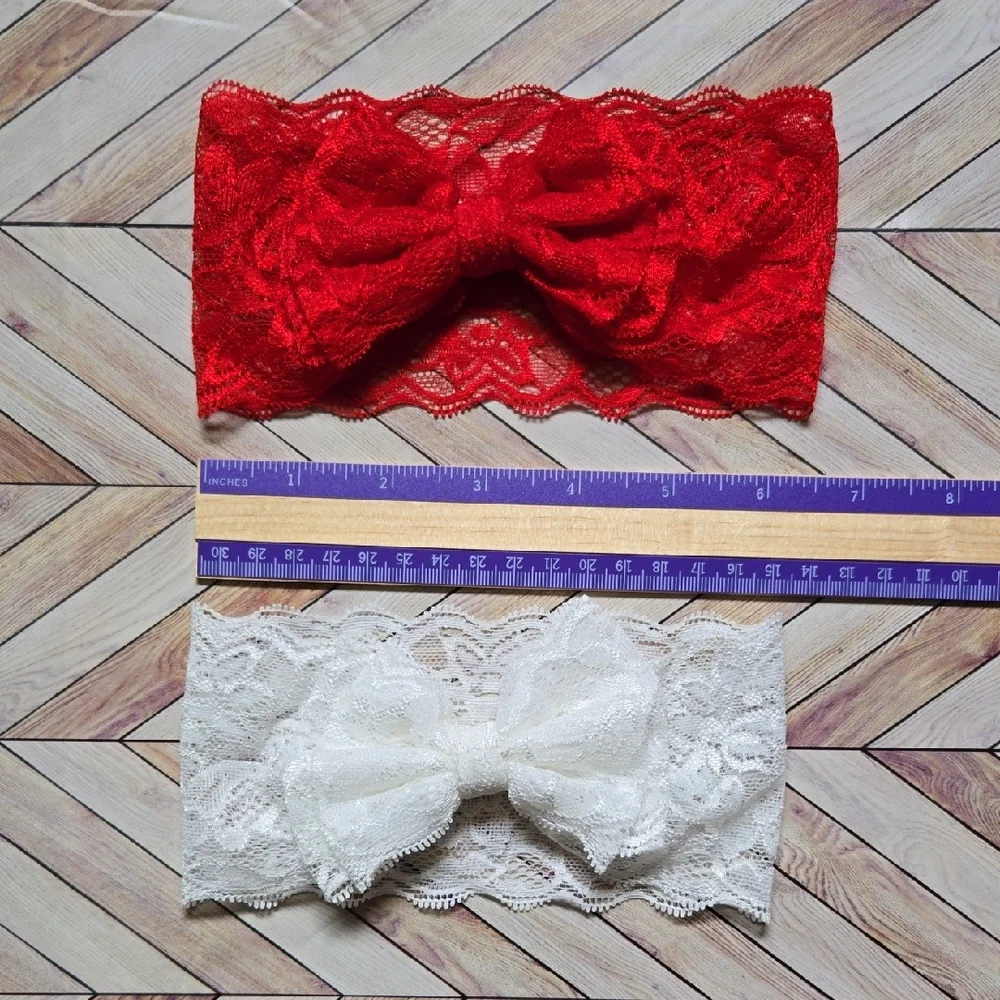 Kids Lace Bowknot Red White Headbands Elastic Bow Headwrap Girls Hairband